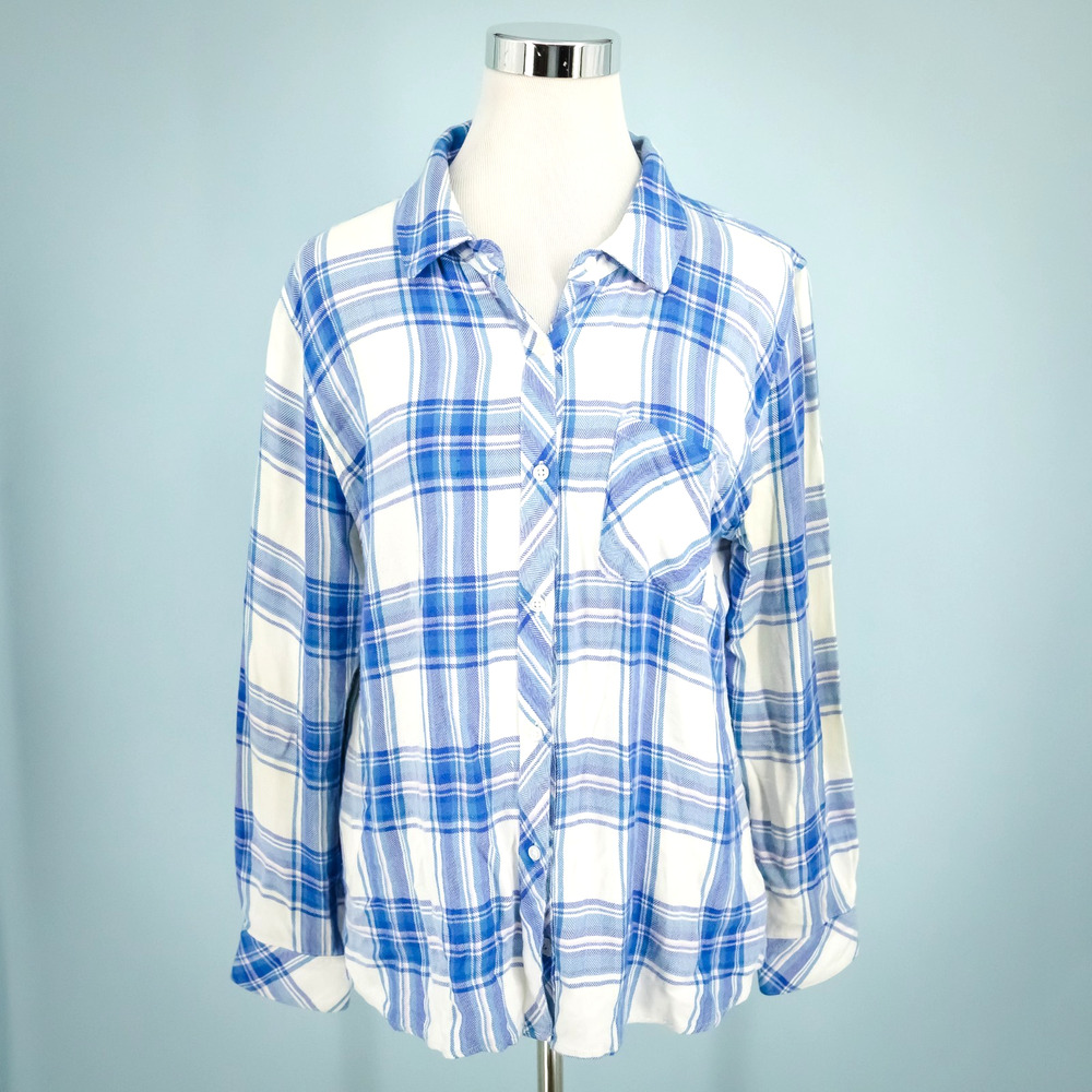 Rails Size Large L Hunter White Blue Plaid Collared Button Long Sleeve Top